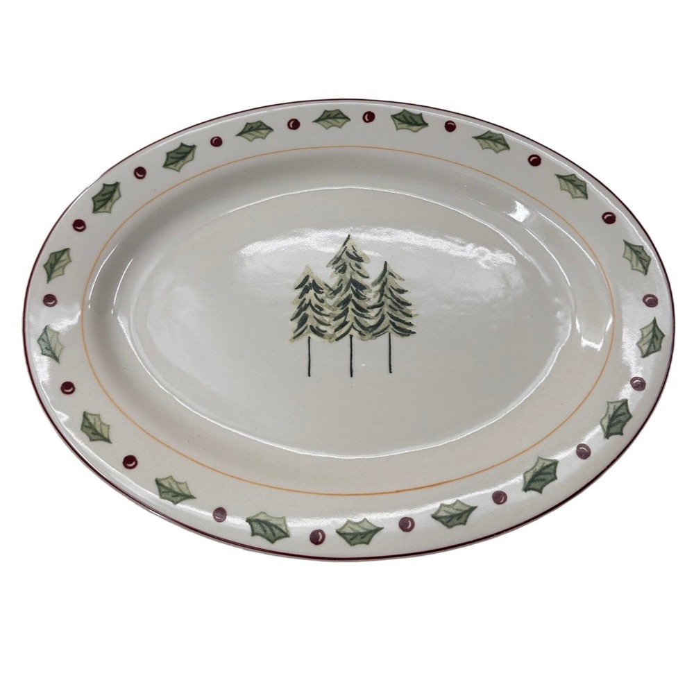 Merry Brite Christmas Platter Serving Tray Trees Holly Berry Ceramic 14"‎ Cream